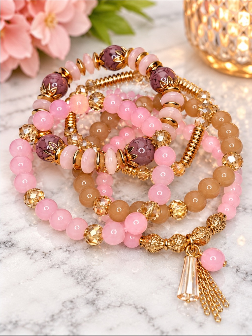 FRIENDSHIP BRACELETS 5 Strands Tan Crystal and Pink Stone Stretchy TAYLOR SWIFT